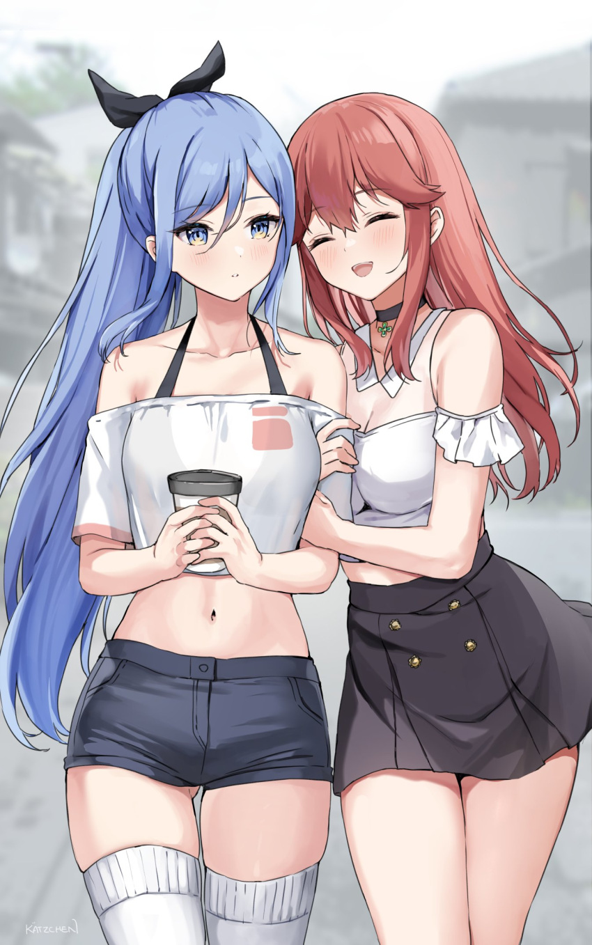 2girls ass_visible_through_thighs bare_shoulders blue_eyes blue_hair blush borrowed_character borrowed_garments bra_strap bra_visible_through_clothes breasts buttons choker cleavage closed_eyes collarbone cowboy_shot crop_top double-breasted hair_between_eyes highres holding_another's_arm kaetzchen liliya_(kaetzchen) long_hair medium_breasts midriff minah_(chaesu) miniskirt multiple_girls navel off-shoulder_shirt off_shoulder open_mouth original outdoors ponytail red_hair shirt short_shorts shorts side-by-side sidelocks skirt smile thigh_gap thighhighs white_thighhighs