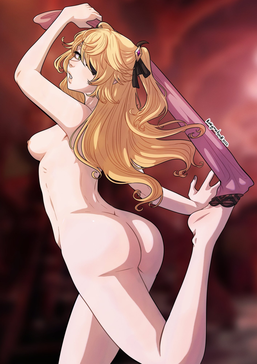 1girl 2022 arm_up artist_name ass black_nails black_ribbon blonde_hair blurry blurry_background breasts completely_nude eyepatch fischl_(genshin_impact) foot_up genshin_impact green_eyes hair_over_one_eye hair_ribbon highres kinkymation long_hair looking_back nipples nude open_mouth outstretched_arm purple_thighhighs ribbon single_thighhigh small_breasts solo standing standing_on_one_leg thighhighs thighhighs_pull two_side_up