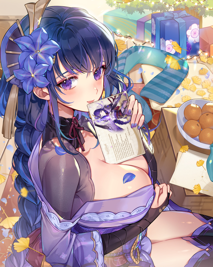 1girl absurdres bangs blush braid braided_ponytail breasts closed_mouth commentary english_commentary food fruit genshin_impact hair_ornament highres japanese_clothes kimono large_breasts long_sleeves looking_at_viewer nail_polish orange_sekaii petals purple_eyes purple_hair purple_kimono purple_nails purple_thighhighs raiden_shogun sitting smile thighhighs thighs