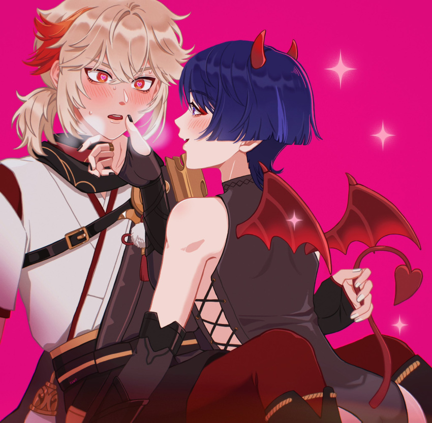 2boys blue_eyes blue_hair blush demon_boy demon_horns demon_tail demon_wings fang genshin_impact heart heart-shaped_pupils highres holding_another's_tail horns kaedehara_kazuha looking_at_another multicolored_hair multiple_boys nail_polish pink_background red_eyes red_hair scaramouche_(genshin_impact) short_hair short_ponytail sswd symbol-shaped_pupils tail white_hair wings yaoi