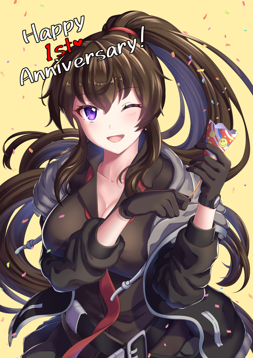 1girl ;d absurdres anniversary bangs belt black_gloves black_jacket black_shirt black_skirt breasts brown_hair cleavage collarbone commentary confetti counter:side drawstring emoji english_text floating_hair gloves hair_between_eyes hands_up highres jacket large_breasts light_blush long_hair long_sleeves looking_at_viewer loose_belt necktie one_eye_closed open_clothes open_jacket party_popper ponytail purple_eyes shirt sidelocks skirt smile solo upper_body very_long_hair watch wristwatch yellow_background yokoshimahama yoo_mina