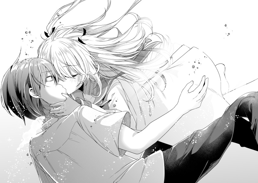 1boy 1girl absurdres air_bubble atri atri-my_dear_moments- bangs blush bubble closed_eyes collared_shirt commentary_request dress gradient gradient_background grey_background greyscale hand_on_another's_face highres ikaruga_natsuki jako_(jakoo21) kiss long_hair long_sleeves monochrome pants sailor_collar sailor_dress shirt short_sleeves two_side_up very_long_hair white_background