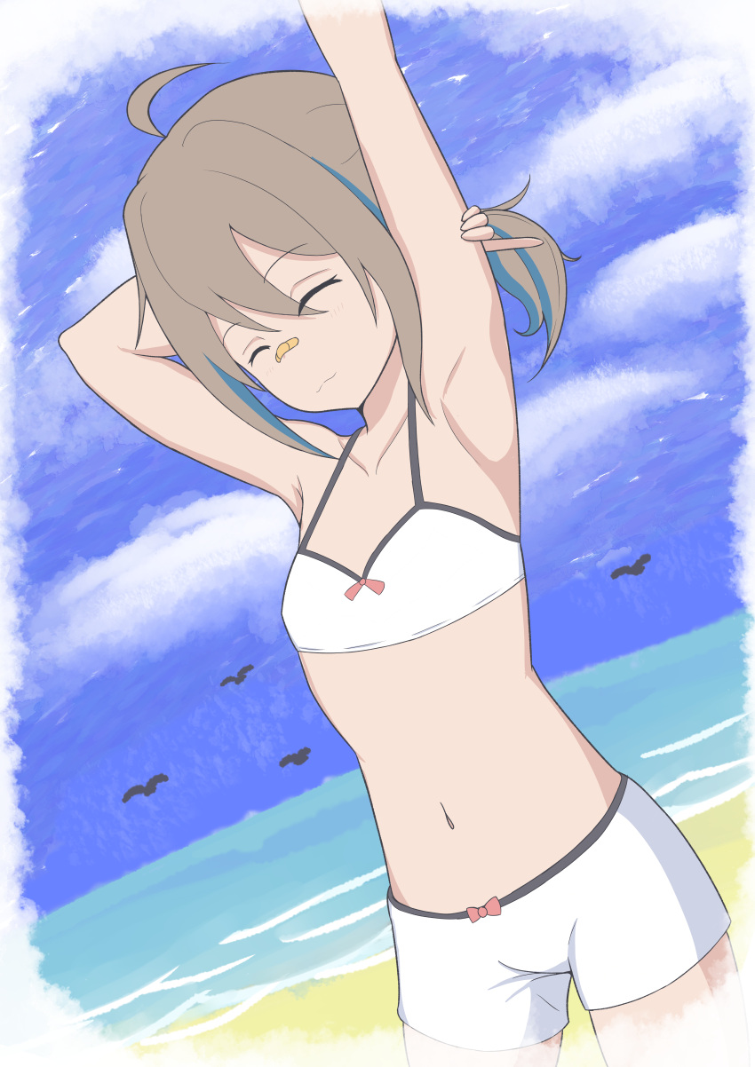 1girl absurdres ahoge arm_behind_head armpits arms_up bandaid bandaid_on_face bandaid_on_nose bangs beach bikini bikini_shorts bird blue_sky bow bow_bikini closed_mouth cloud cloudy_sky commentary day dewanewbie do_it_yourself!! dutch_angle flat_chest grey_hair halterneck highres horizon medium_hair navel ocean outdoors short_ponytail shorts sky smile solo standing stretching swimsuit white_bikini yua_serufu