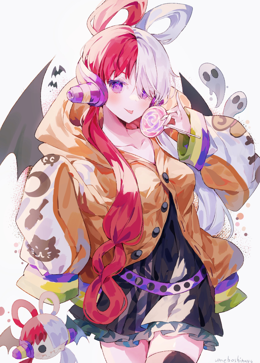 1girl :p absurdres alternate_costume bat_(animal) bat_wings black_dress blush buttons candy collarbone cowboy_shot dress fake_wings food frilled_dress frills ghost hair_over_one_eye hair_rings halloween hands_up headphones highres holding holding_candy holding_food holding_lollipop hood hood_down hooded_jacket jacket lollipop long_hair long_sleeves multicolored_hair one_piece one_piece_film:_red orange_jacket oversized_clothes purple_eyes red_hair solo split-color_hair tongue tongue_out two-tone_hair umemaro_(siona0908) uta_(one_piece) very_long_hair white_hair wings