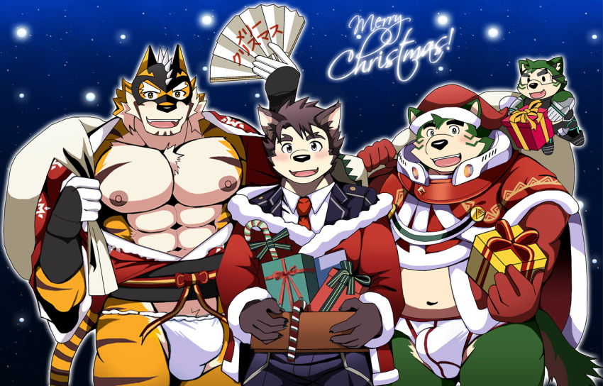 abs anthro asian_clothing bearlovestiger13 belly blush briefs bulge christmas christmas_clothing clothing dog_operator east_asian_clothing fundoshi group holidays japanese_clothing lifewonders live-a-hero male male/male mokdai muscular muscular_anthro muscular_male navel necktie nipples pecs protagonist_(live-a-hero) ryekie_(live-a-hero) slightly_chubby suit tighty_whities trio underwear video_games white_briefs white_clothing white_underwear