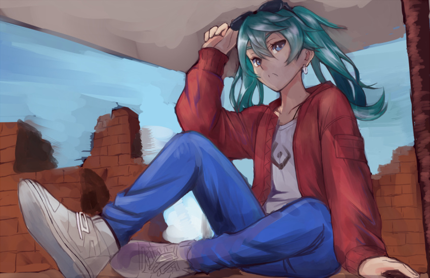 1girl blue_eyes blue_hair blue_pants brick_wall broken_wall closed_mouth commentary_request expressionless eyewear_on_head flat_chest full_body hatsune_miku jacket long_hair long_sleeves looking_at_viewer matsubara_tsuyoshi pants red_jacket shirt shoes sitting sneakers solo suna_no_wakusei_(vocaloid) sunglasses twintails vocaloid white_footwear white_shirt