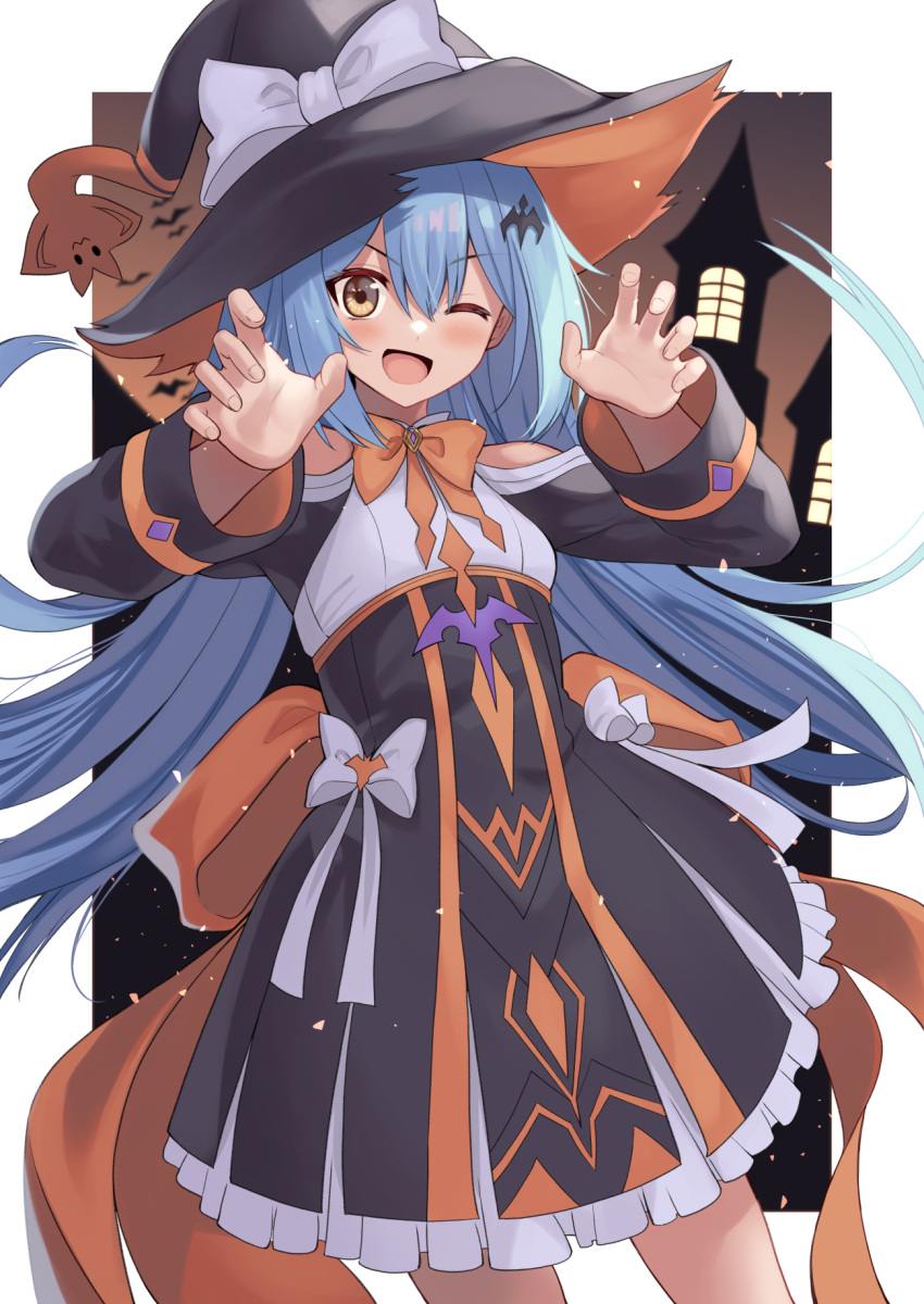 1girl ;d bangs bare_shoulders bat_(animal) black_dress black_headwear blue_hair blurry blurry_background blush bow bowtie claw_pose clothing_cutout commentary_request dress fingernails floating_hair frilled_dress frills hair_between_eyes hair_ornament halloween halloween_costume hands_up hat highres long_hair long_sleeves looking_at_viewer mahcdai night one_eye_closed orange_bow orange_headwear original outside_border outstretched_hand planol_note short_dress shoulder_cutout sidelocks smile solo standing very_long_hair white_bow witch_hat yellow_eyes