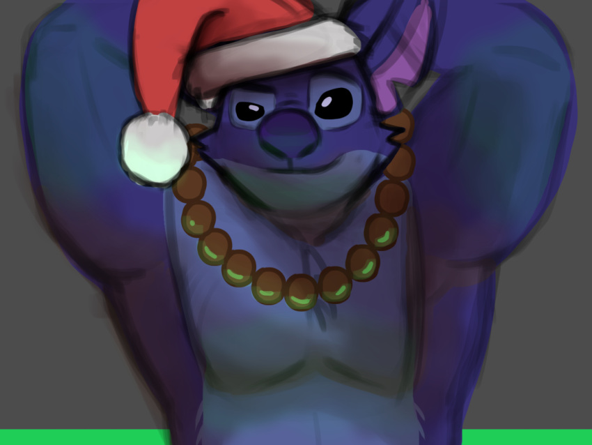 2022 4:3 alien anthro anthrofied biped black_eyes blue_body blue_fur blue_nose cheek_tuft christmas christmas_clothing christmas_headwear clothing digital_drawing_(artwork) digital_media_(artwork) disney experiment_(lilo_and_stitch) eyebrows facial_tuft fur hands_behind_head hat hat_only headgear headgear_only headwear headwear_only holidays jewelry lilo_and_stitch looking_at_viewer male mostly_nude necklace notched_ear raised_eyebrow santa_hat simple_background smile smirk solo stitch_(lilo_and_stitch) superblue tuft