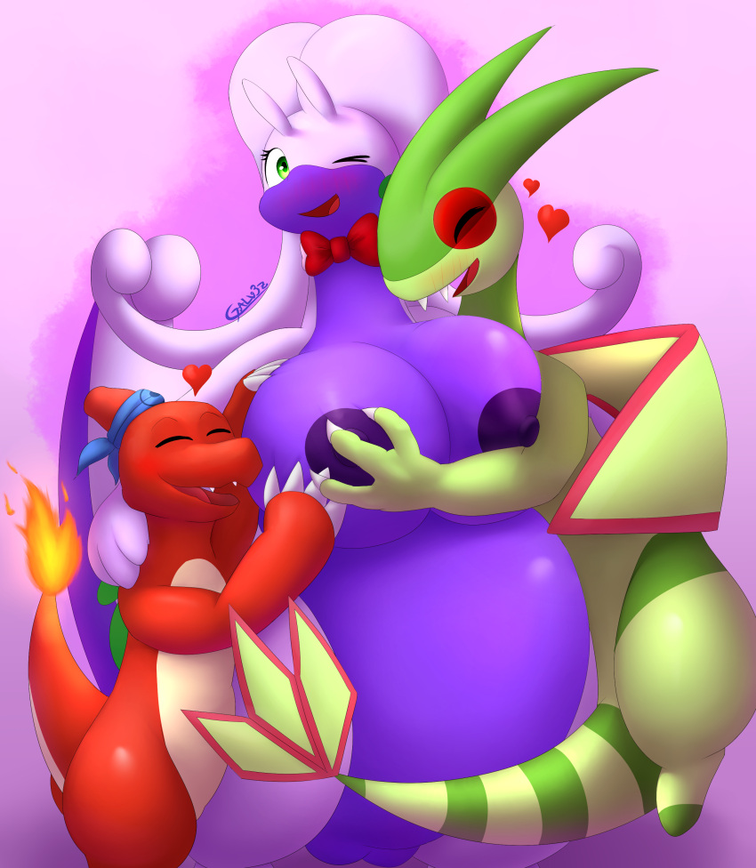 &lt;3 2022 absurd_res accessory amelia_(galv3z) anthro areola belly big_belly big_breasts blush bow_tie breasts charmeleon claws clothing cute_eyes cute_fangs digital_media_(artwork) embrace eyewear eyewear_on_head fangs female fingers fire flaming_tail flygon fondling galv3z_(artist) generation_1_pokemon generation_3_pokemon generation_6_pokemon genitals goodra green_arms green_body green_eyes green_horn green_wings group hand_on_breast head_horn headband hi_res horn hug huge_thighs male male/female natural_eyewear nintendo nipples nude overweight overweight_female pokemon pokemon_(species) purple_areola purple_body purple_nipples pussy red_body red_bow_tie scales simple_background smile thick_tail thick_thighs trio video_games wholesome_hug wings