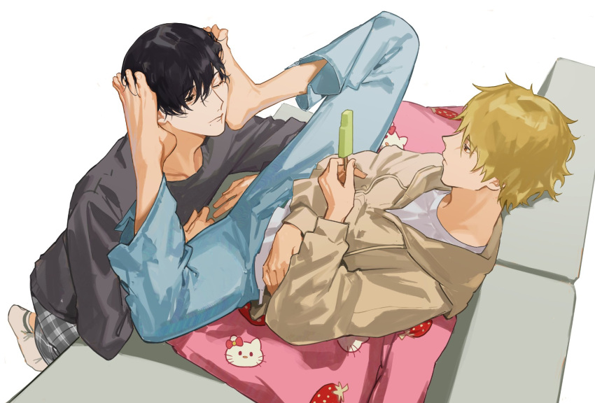 2boys bangs barefoot black_eyes black_hair blonde_hair brown_eyes brown_jacket chainsaw_man closed_mouth couch denji_(chainsaw_man) food food_print foot_on_face gajyago hair_between_eyes hello_kitty highres holding jacket long_sleeves male_focus mole mole_under_mouth multiple_boys one_eye_closed pants plaid popsicle shirt simple_background sitting socks strawberry_print white_background white_socks yaoi yoshida_hirofumi