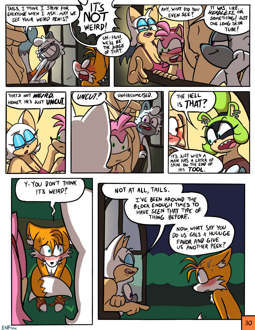 2_tails afrosoricid amy_rose anthro bat black_nose blue_eyeshadow blush canid canine clothed clothing comic covering covering_breasts covering_crotch covering_self cream_the_rabbit dialogue english_text eulipotyphlan eyes_closed eyeshadow female fox fur grin group hedgehog hi_res idw_publishing lagomorph lemur leporid makeup male mammal miles_prower multi_tail primate rabbit rouge_the_bat sega smile sonic_the_hedgehog_(comics) sonic_the_hedgehog_(idw) sonic_the_hedgehog_(series) strepsirrhine surge_the_tenrec tangle_the_lemur tenrec text theenfman yellow_body yellow_fur