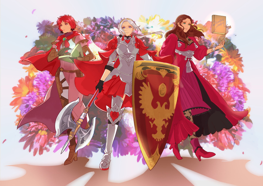 3girls armor armored_dress axe book brown_hair commentary dorothea_arnault dress edelgard_von_hresvelg fire_emblem fire_emblem:_three_houses fire_emblem_warriors:_three_hopes floating floating_object flower highres lamb_(contra_entry) monica_von_ochs multiple_girls official_alternate_costume official_alternate_hairstyle red_hair shield short_hair side_ponytail smile standing symbol-only_commentary white_hair