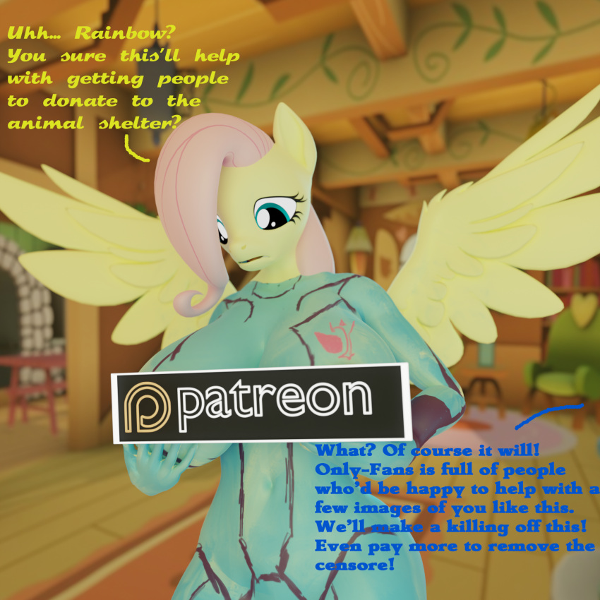 anthro big_breasts blender_(software) bodypaint breasts censored censored_breasts confusion female fluttershy_(mlp) friendship_is_magic hasbro hi_res holding_breast kamimation looking_down metroid my_little_pony nintendo offscreen_character open_wings patreon patreon_censored patreon_logo rainbow_dash_(mlp) solo text video_games zero_suit