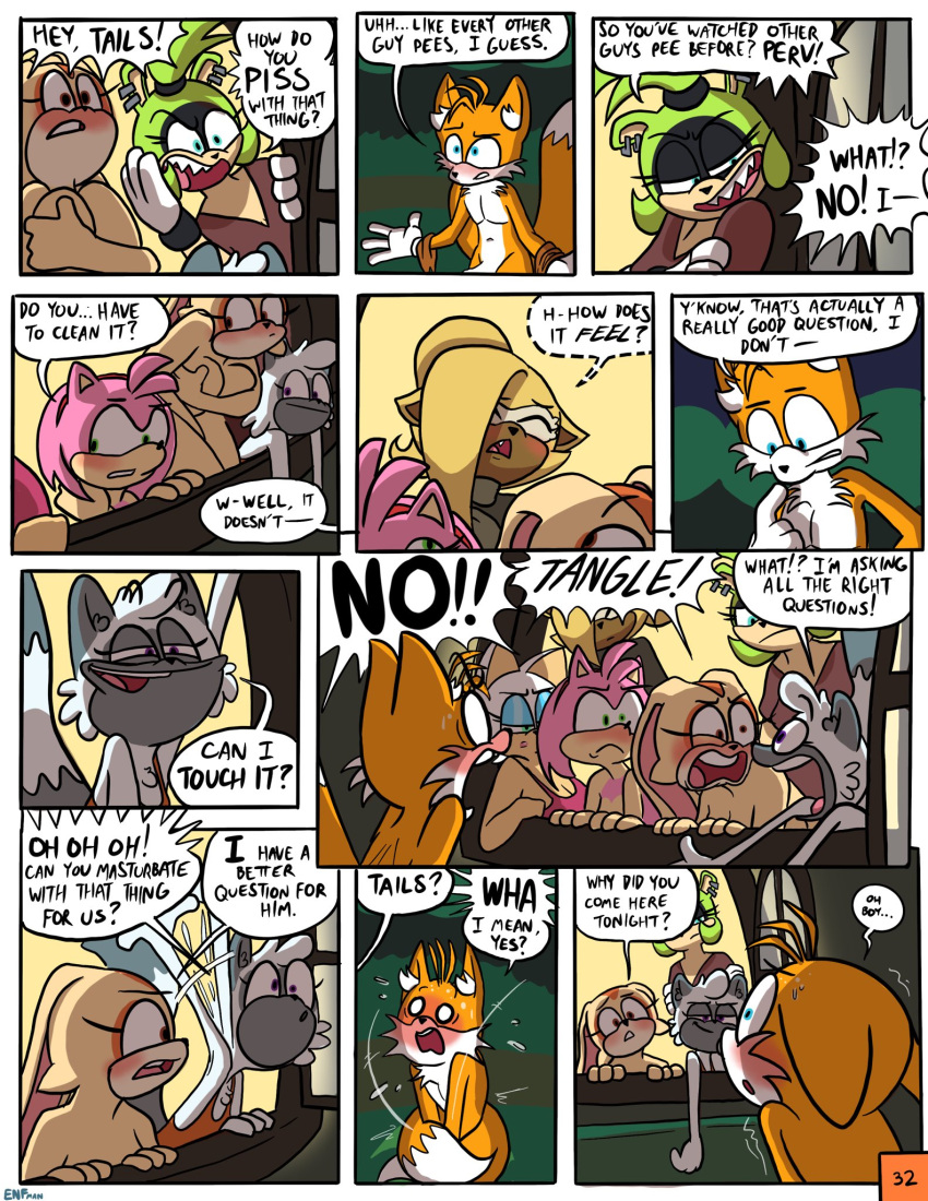 2_tails afrosoricid amy_rose anthro bat blue_eyes blue_eyeshadow blush canid canine clothed clothing comic covering covering_breasts covering_crotch covering_self cream_the_rabbit dialogue english_text eulipotyphlan eyeshadow female fox fur genitals group hedgehog hi_res idw_publishing lagomorph lemur leporid makeup male male/female mammal miles_prower multi_tail nude penis primate rabbit rouge_the_bat sega shaking sonic_the_hedgehog_(comics) sonic_the_hedgehog_(idw) sonic_the_hedgehog_(series) strepsirrhine surge_the_tenrec tangle_the_lemur tenrec text theenfman yellow_body yellow_fur