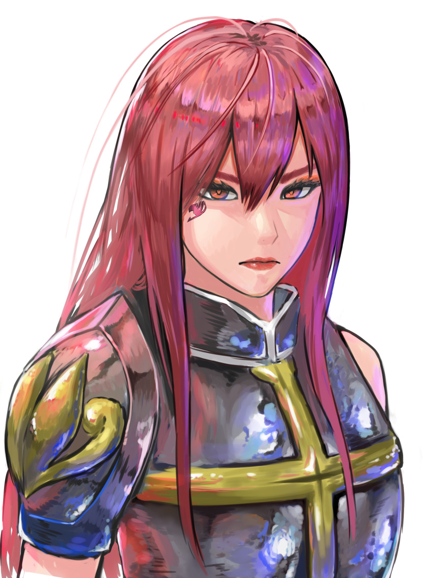 1girl absurdres armor bangs brown_eyes erza_scarlet facial_mark fairy_tail fairy_tail_logo frown hair_between_eyes highres looking_at_viewer nado_(nrac4433) portrait red_hair red_lips shoulder_armor sidelocks solo v-shaped_eyebrows white_background