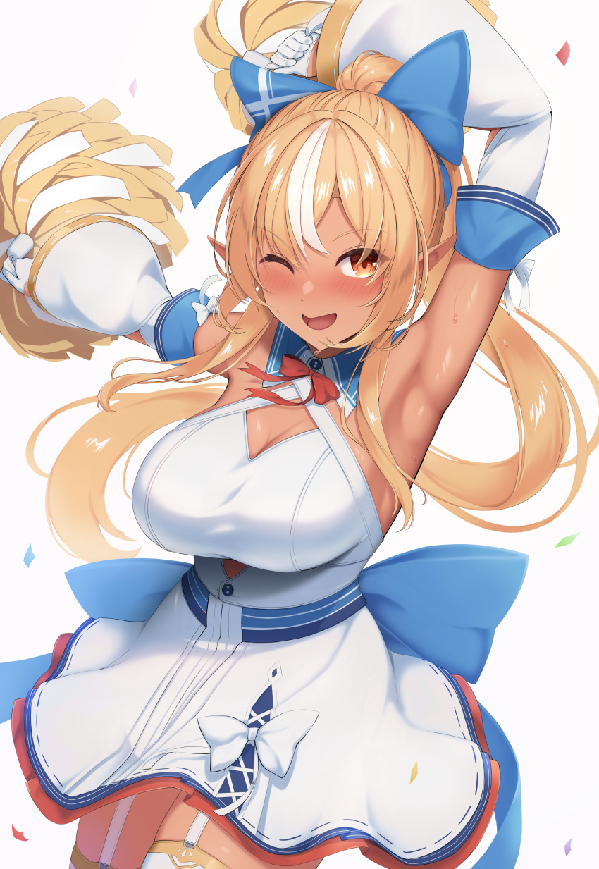 1girl ;d absurdres arm_up armpits bangs bare_shoulders blonde_hair blue_bow blush bow bowtie breasts cleavage cleavage_cutout clothing_cutout commentary_request confetti cowboy_shot dark-skinned_female dark_elf dark_skin detached_sleeves dress elf floating_hair garter_straps gloves hair_bow half_gloves high_ponytail highres hololive large_breasts long_hair long_sleeves looking_at_viewer multicolored_hair one_eye_closed orange_eyes outstretched_arm pointy_ears pom_pom_(cheerleading) ponytail red_bow shiny shiny_hair shiny_skin shiranui_flare shore short_dress simple_background sky smile solo streaked_hair sweat thighhighs tousaki_(tousakiworks) virtual_youtuber white_background white_bow white_dress white_gloves white_hair white_thighhighs wide_sleeves