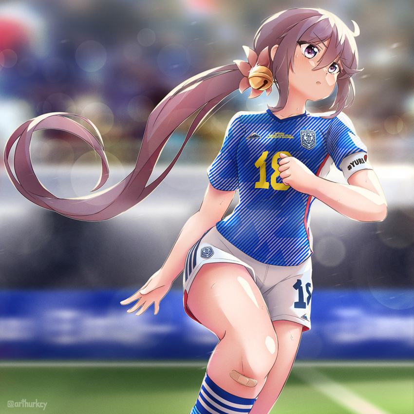 1girl 2022_fifa_world_cup akebono_(kancolle) alternate_costume arthur_ko bell blue_shirt blurry blurry_background depth_of_field feet_out_of_frame flower hair_bell hair_flower hair_ornament highres jingle_bell kantai_collection long_hair purple_eyes purple_hair running shirt shorts side_ponytail soccer_uniform solo sportswear twitter_username very_long_hair white_shorts world_cup