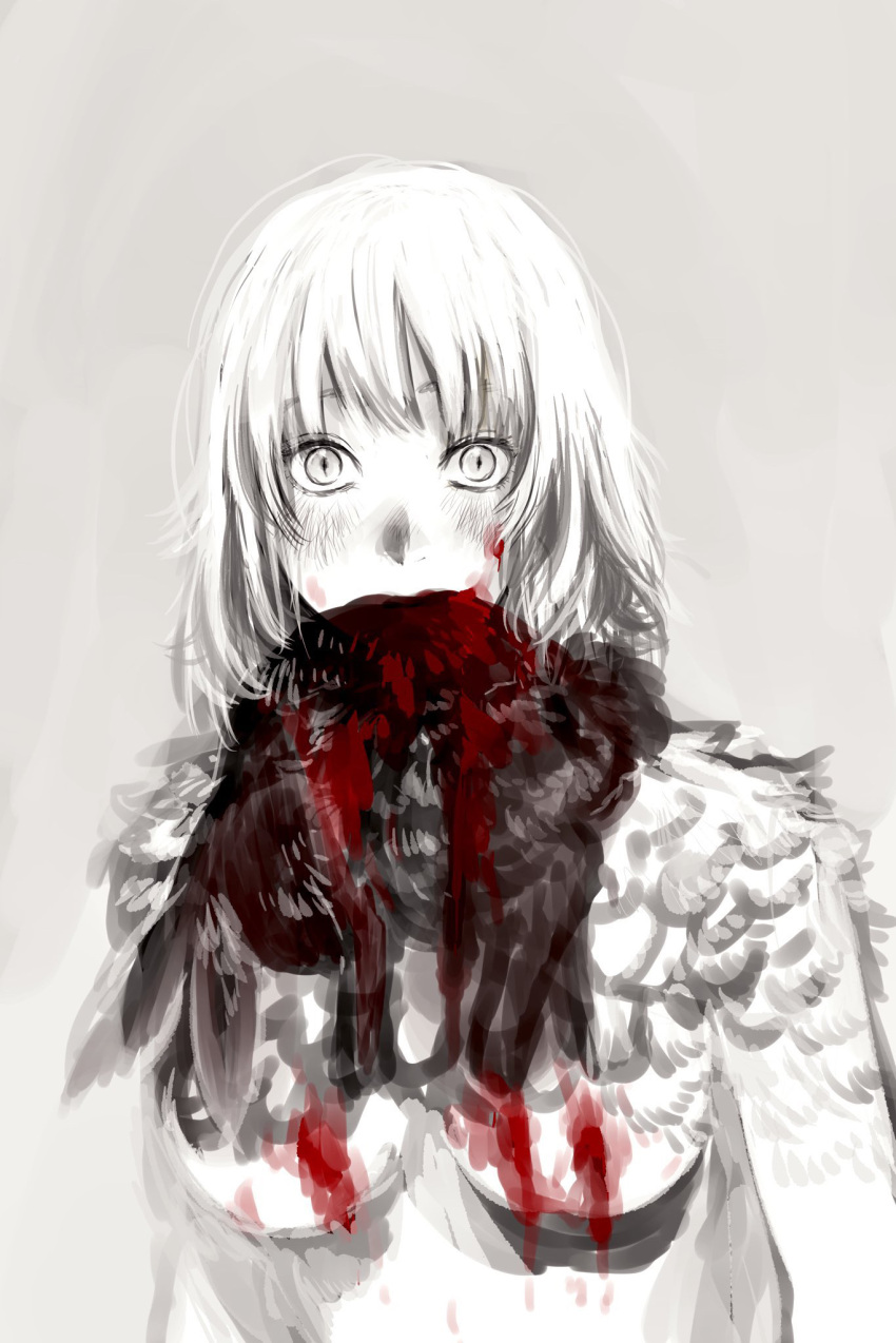 1girl animal_in_mouth blood breasts chimera death dungeon_meshi falin_thorden feathers highres limited_palette looking_at_viewer monster_girl ooxxsol rabbit slit_pupils underboob white_eyes white_feathers white_hair