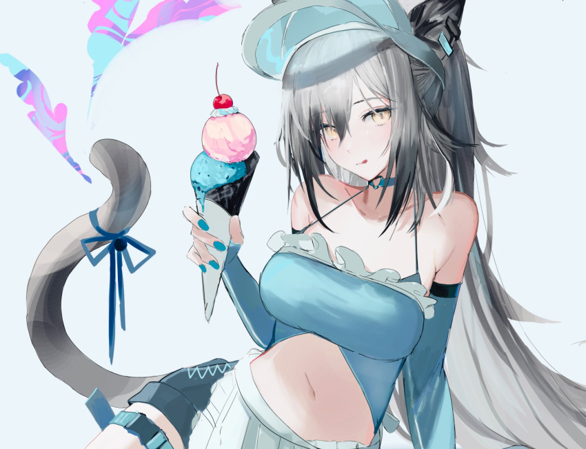 1girl alternate_costume animal_ears arknights blue_background blue_choker blue_ribbon blue_shirt breasts cat_ears cat_tail choker detached_sleeves food grey_hair highres holding holding_food ice_cream long_hair medium_breasts navel ribbon sankichi_(croquette_crab) schwarz_(arknights) shirt smile solo tail tail_ornament tail_ribbon tongue upper_body very_long_hair visor_cap yellow_eyes