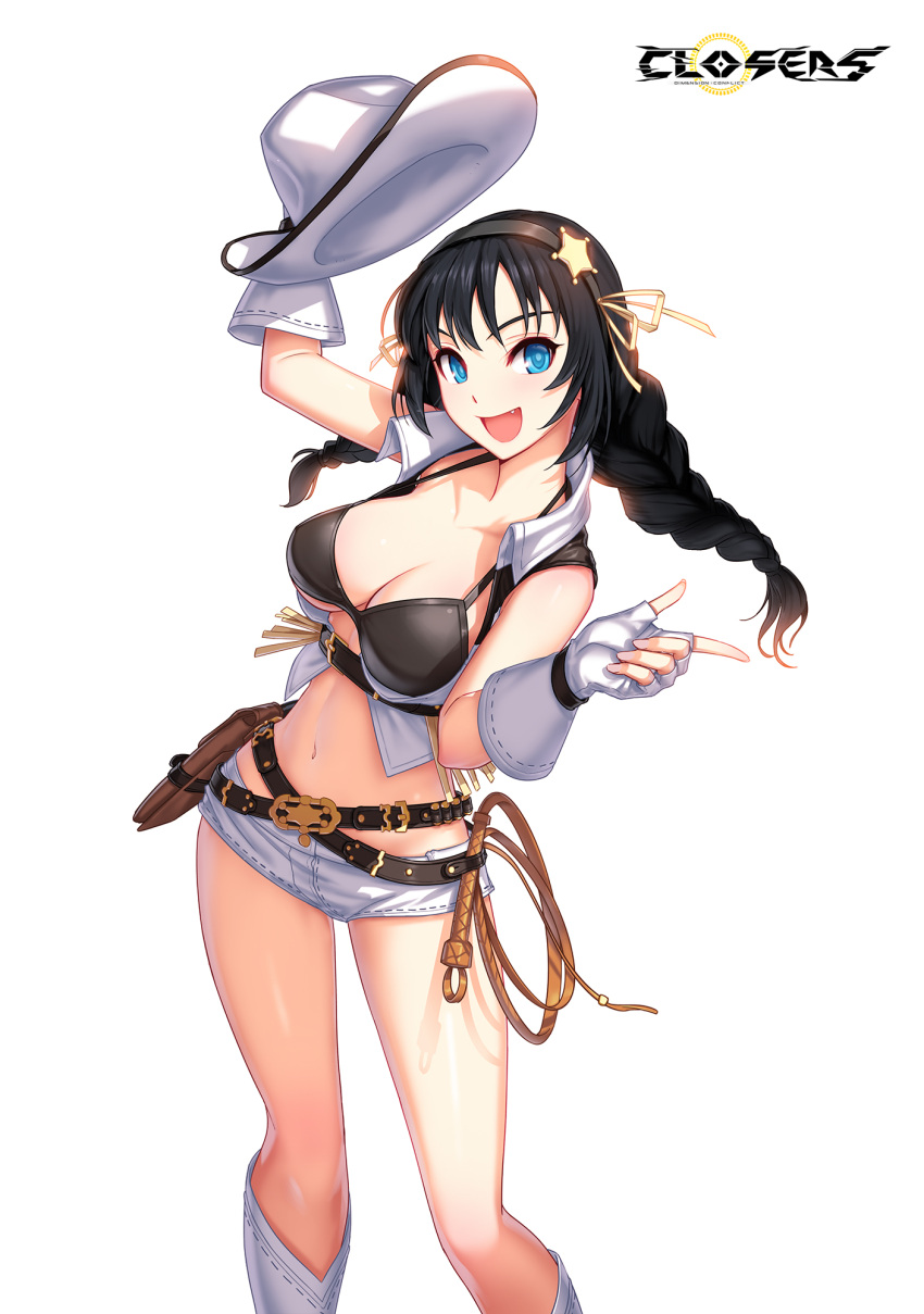 1girl :d arm_up bare_shoulders belt belt_pouch bikini black_bikini black_hair blue_eyes boots braid breasts cleavage closers collared_shirt cowboy_hat crop_top fang fingerless_gloves framed_breasts gloves halterneck hat hat_removed headwear_removed highres holding holding_clothes holding_hat large_breasts lasso long_hair looking_at_viewer micro_shorts midriff multiple_belts navel official_art open_mouth pouch revealing_clothes shirt shorts sleeveless sleeveless_shirt smile solo stomach strap_gap string_bikini swimsuit thighs twin_braids twintails white_gloves white_headwear white_shirt white_shorts yuri_seo
