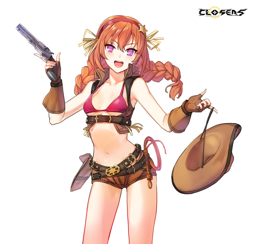 1girl :d armpits bare_shoulders belt belt_pouch bikini bikini_top_only braid breasts brown_gloves brown_headwear brown_shirt brown_shorts closers collarbone collared_shirt cowboy_hat cowboy_shot crop_top fingerless_gloves floating_hair framed_breasts gloves gun hairband halterneck handgun hat highres holding holding_gun holding_weapon lasso long_hair looking_at_viewer luna_aegis_(closers) micro_shorts midriff multiple_belts navel official_art open_mouth orange_hair pink_bikini pink_eyes pouch revealing_clothes shirt short_shorts shorts sleeveless sleeveless_shirt small_breasts smile solo standing stomach strap_gap string_bikini swimsuit thighs trigger_discipline twin_braids twintails weapon wing_collar