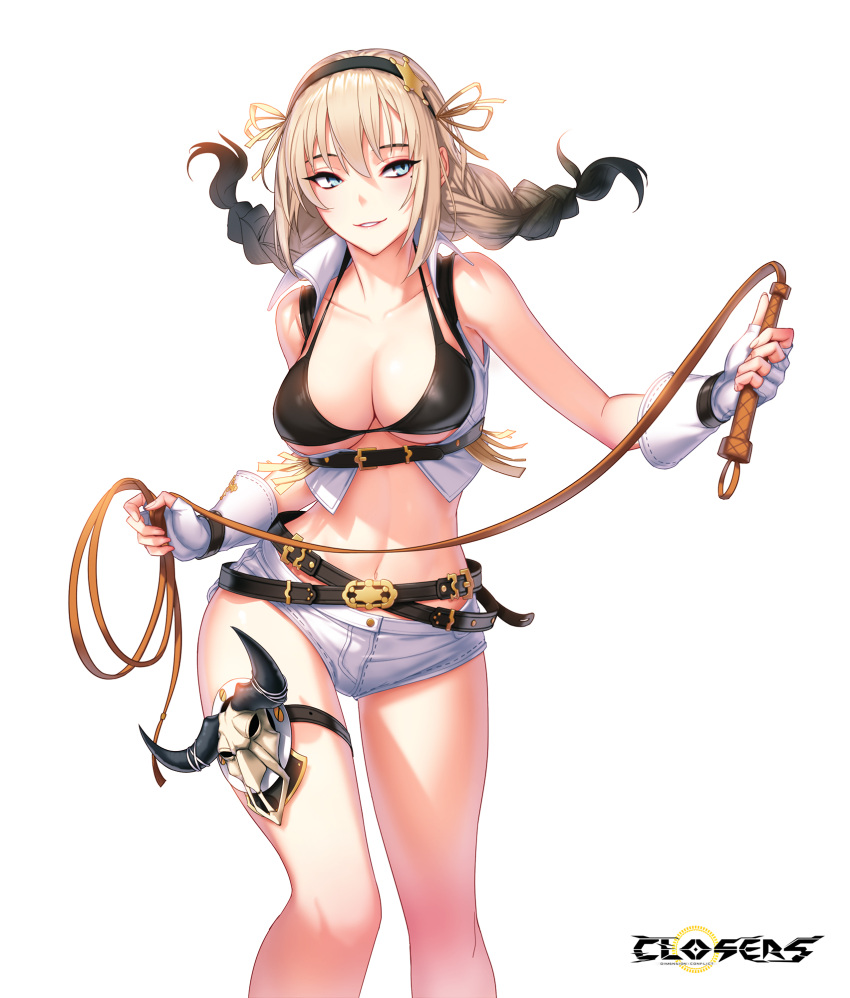 1girl animal_skull bare_shoulders belt bikini black_bikini black_hair blonde_hair blue_eyes braid breasts cleavage closers collarbone collared_shirt crop_top fingerless_gloves floating_hair framed_breasts gloves gradient_hair grin hairband halterneck harpy_(closers) highres holding_lasso large_breasts lasso long_hair looking_away loose_belt micro_shorts midriff mole mole_under_eye multicolored_hair multiple_belts navel official_art revealing_clothes shirt shorts sleeveless sleeveless_shirt smile solo stomach strap_gap string_bikini swimsuit thigh_strap thighs twin_braids twintails white_gloves white_shirt white_shorts