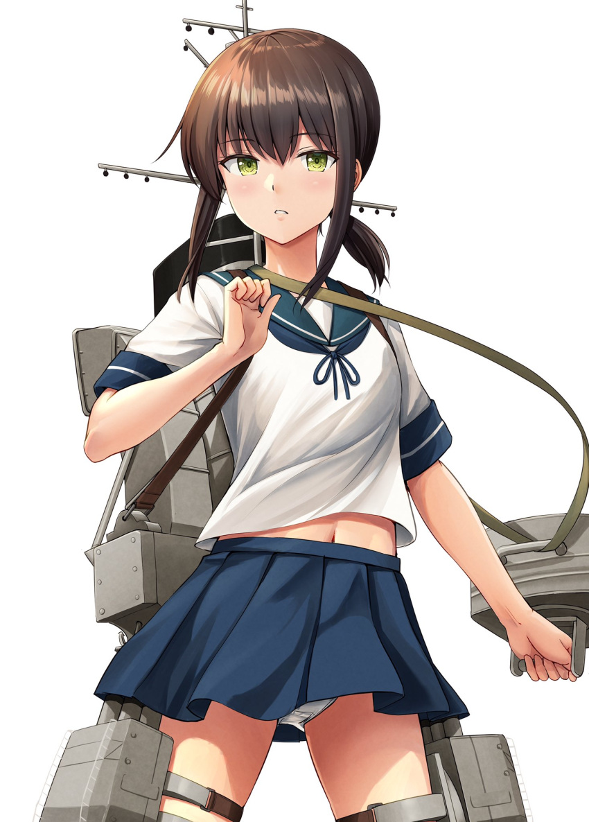 1girl black_hair blue_neckerchief blue_sailor_collar blue_skirt commentary_request cowboy_shot fubuki_(kancolle) green_eyes highres ichikawa_feesu kantai_collection low_ponytail machinery medium_hair navel neckerchief panties pantyshot pleated_skirt ponytail sailor_collar sailor_shirt school_uniform serafuku shirt short_ponytail sidelocks simple_background skirt solo underwear white_background white_panties