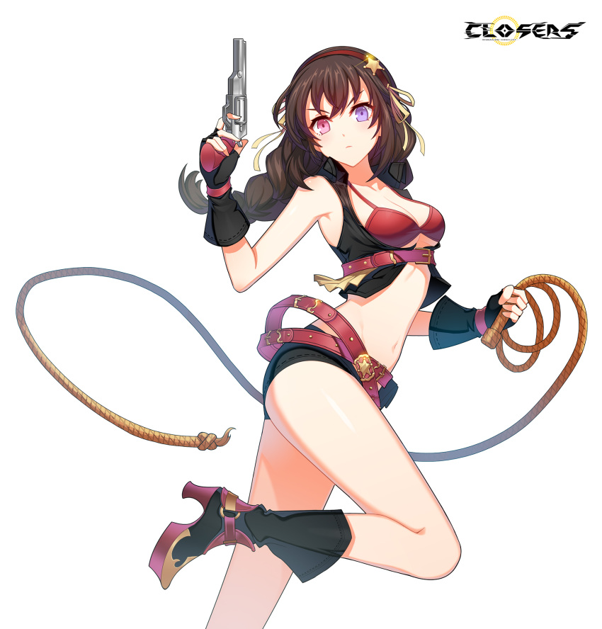 1girl arm_up armpits bai_winchester bare_shoulders belt bikini black_footwear black_gloves black_shirt black_shorts boots braid breasts brown_hair cleavage closers collared_shirt crop_top finger_on_trigger fingerless_gloves floating_hair framed_breasts gloves gun hairband handgun heterochromia highres holding holding_gun holding_lasso holding_weapon lasso leg_up long_hair looking_at_viewer loose_belt medium_breasts micro_shorts midriff multiple_belts navel official_art pink_eyes purple_eyes red_bikini revealing_clothes revolver shirt shorts single_braid sleeveless sleeveless_shirt solo stomach string_bikini swimsuit thighs v-shaped_eyebrows weapon
