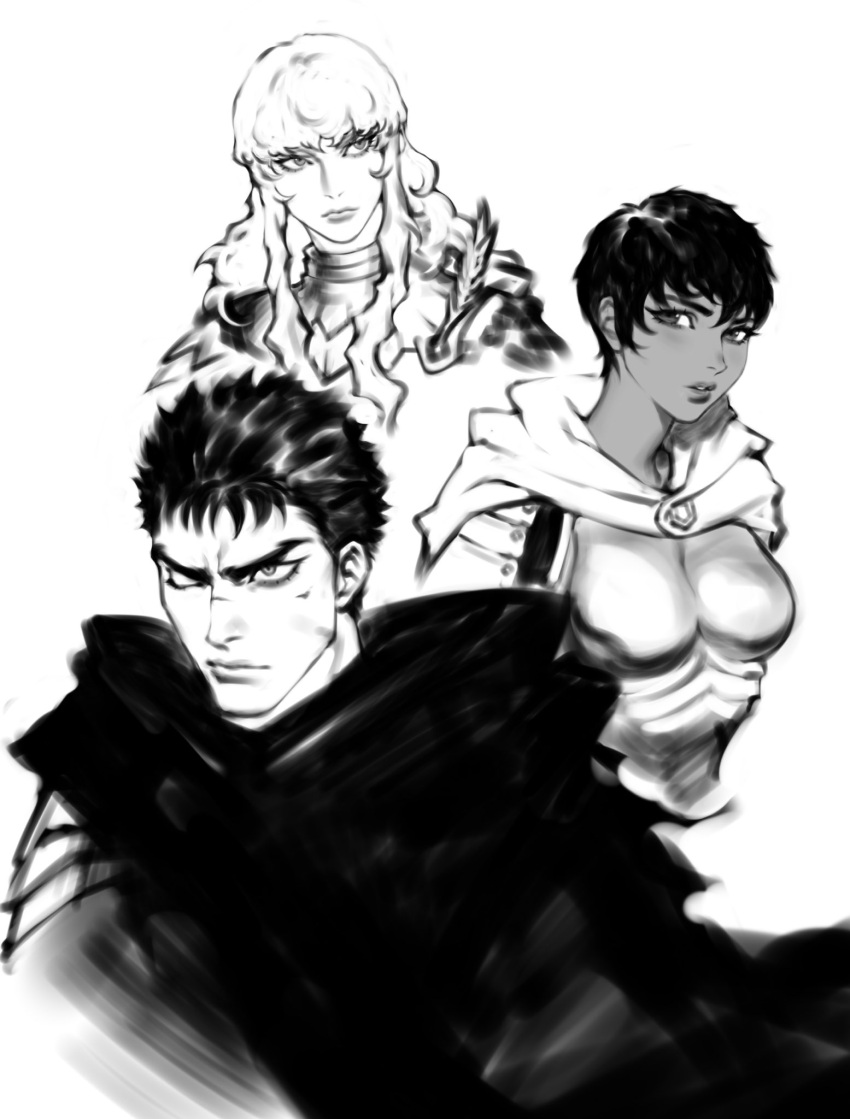 1girl 2boys armor berserk bishounen black_hair breastplate breasts casca_(berserk) cloak dark-skinned_female dark_skin furrowed_brow greyscale griffith_(berserk) guts_(berserk) hair_between_eyes highres long_hair looking_at_viewer looking_to_the_side medium_breasts monochrome multiple_boys one_eye_closed parted_lips scar scar_on_cheek scar_on_face scar_on_nose short_hair sidelocks sketch upper_body very_short_hair wavy_hair white_background white_hair zelus