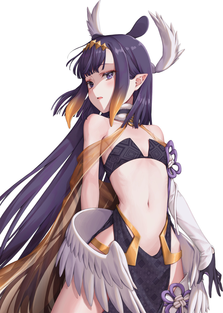 1girl absurdres bare_shoulders black_gloves book commentary detached_sleeves flat_chest floating floating_book floating_object gloves hachihachy highres hololive hololive_english long_hair looking_at_viewer low_wings navel ninomae_ina'nis parted_lips pointy_ears purple_eyes purple_hair side_slit simple_background single_detached_sleeve solo stomach virtual_youtuber white_background white_wings wings