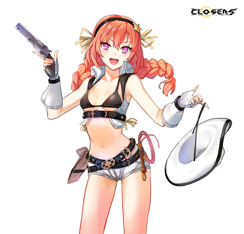 1girl :d armpits bare_shoulders belt belt_pouch bikini bikini_top_only black_bikini braid breasts closers collarbone collared_shirt cowboy_hat cowboy_shot crop_top fingerless_gloves floating_hair framed_breasts gloves gun hairband halterneck handgun hat highres holding holding_gun holding_weapon lasso long_hair looking_at_viewer luna_aegis_(closers) micro_shorts midriff multiple_belts navel official_art open_mouth orange_hair pink_eyes pouch revealing_clothes shirt short_shorts shorts sleeveless sleeveless_shirt small_breasts smile solo standing stomach strap_gap string_bikini swimsuit thighs trigger_discipline twin_braids twintails weapon white_gloves white_headwear white_shirt white_shorts wing_collar