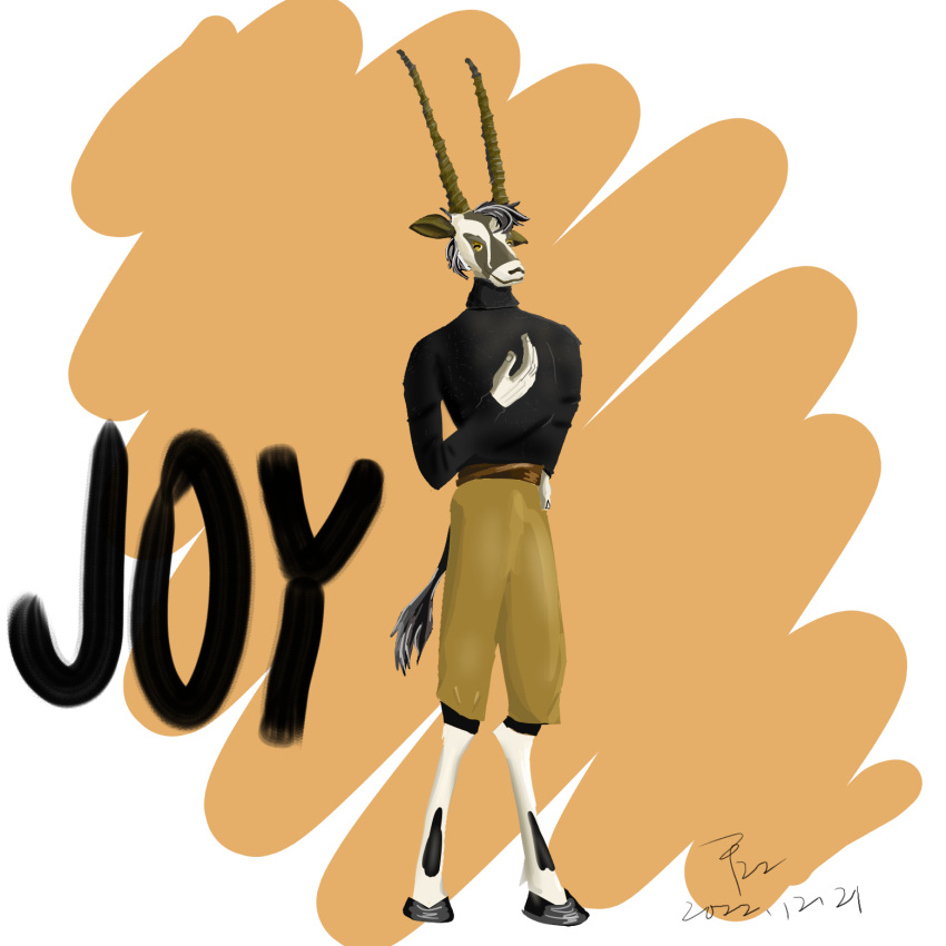 amber_eyes anthro biped black_clothing bottomwear clothing fingers fur hair hi_res hooves horn looking_at_viewer male mammal multicolored_body onyx pants simple_background smile solo standing tail tan_bottomwear tan_clothing tan_ears tan_pants white_body white_fur