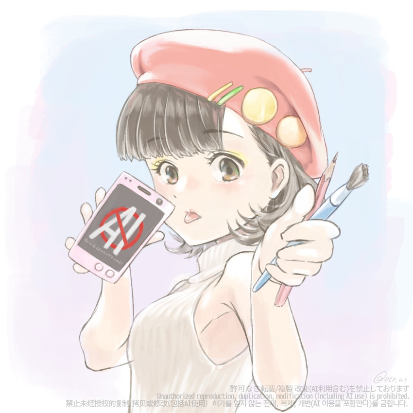 1girl ai-generated_art_(topic) armpits bangs bare_arms beret black_hair border brown_eyes circle english_text gradient gradient_background hair_behind_ear hair_ornament hairclip hat hat_ornament highres holding holding_brush holding_phone light_blue_background looking_at_viewer no_symbol original phone red_headwear short_hair sleeveless sleeveless_sweater solo sweater tongue tongue_out turtleneck turtleneck_sweater upper_body white_border white_sweater