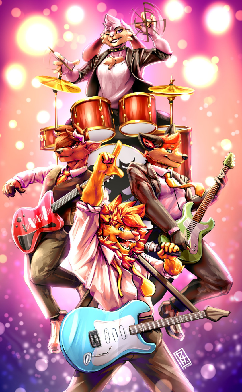 2022 absurd_res anthro artist_name band bass_guitar bottomwear canid canine clothing cooper_(scratch21) deer drum drum_set drumstick_(percussion) ed_(scratch21) felid female fox group guitar hi_res lagomorph leporid lion male mammal matt_(scratch21) microphone musical_instrument necktie open_mouth pantherine pants percussion_instrument plucked_string_instrument rabbit riley_(scratch21) romhowler scratch21 string_instrument suit topwear twirling watermark