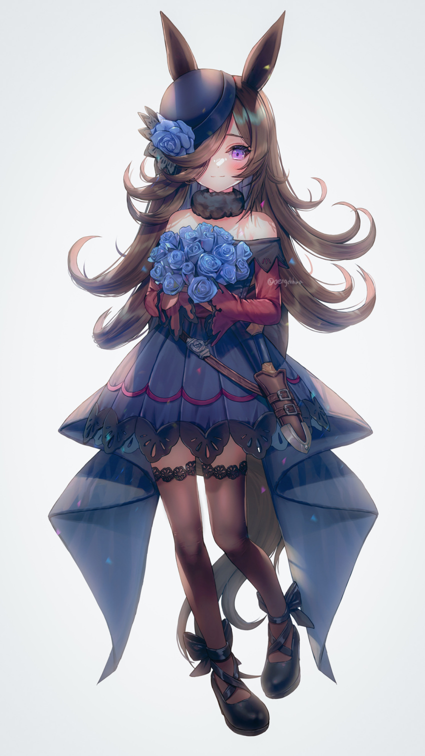 1girl animal_ears bare_shoulders black_footwear black_hair blue_dress blue_flower blue_headwear blue_rose bouquet bow brown_pantyhose commentary dagger dress dress_bow flower full_body fur_collar hair_over_one_eye hanato_(seonoaiko) hat hat_flower highres holding holding_bouquet horse_ears horse_girl knife long_hair looking_at_viewer off-shoulder_dress off_shoulder pantyhose purple_eyes rice_shower_(umamusume) rose scabbard sheath sheathed short_dress simple_background smile solo symbol-only_commentary thighhighs tilted_headwear umamusume weapon white_background