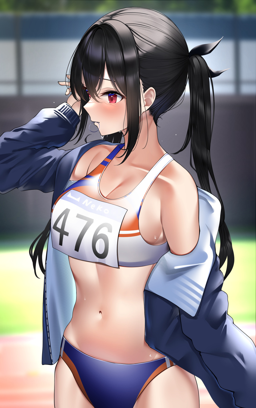 1girl absurdres arm_up bangs bare_shoulders black_hair blurry blurry_background breasts buruma cleavage collarbone depth_of_field from_side hair_between_eyes hair_tie hair_tie_in_mouth highres jacket kaku_yone large_breasts long_hair medium_breasts mouth_hold navel open_clothes original outdoors red_eyes single_bare_shoulder solo sports_bra standing stomach sweat thighs track_and_field track_jacket twintails