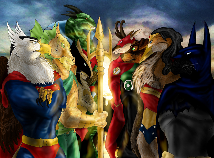 alien antelope anthro aquaman aquaman_(copyright) avian batman batman_(series) beak bird black_body black_fur black_hair blonde_hair blue_eyes bovid brown_body brown_feathers brown_fur brown_scales canid canine canis clothed clothing dc_comics dcau domestic_dog dragonlordrynn feathers felid female fish fur green_body green_eyes green_lantern_(series) green_scales group gryphon hair hawkgirl heron hi_res holding_object holding_weapon hybrid john_stewart justice_league justice_league_unlimited leopard lion male mammal marine martian_manhunter mask mastiff molosser mythological_avian mythology pantherine pelecaniform pronghorn red_eyes reptile rottweiler scales scalie seahorse superhero superman superman_(series) syngnathid syngnathiform the_flash weapon white_body white_feathers wonder_woman wonder_woman_(series) yellow_beak