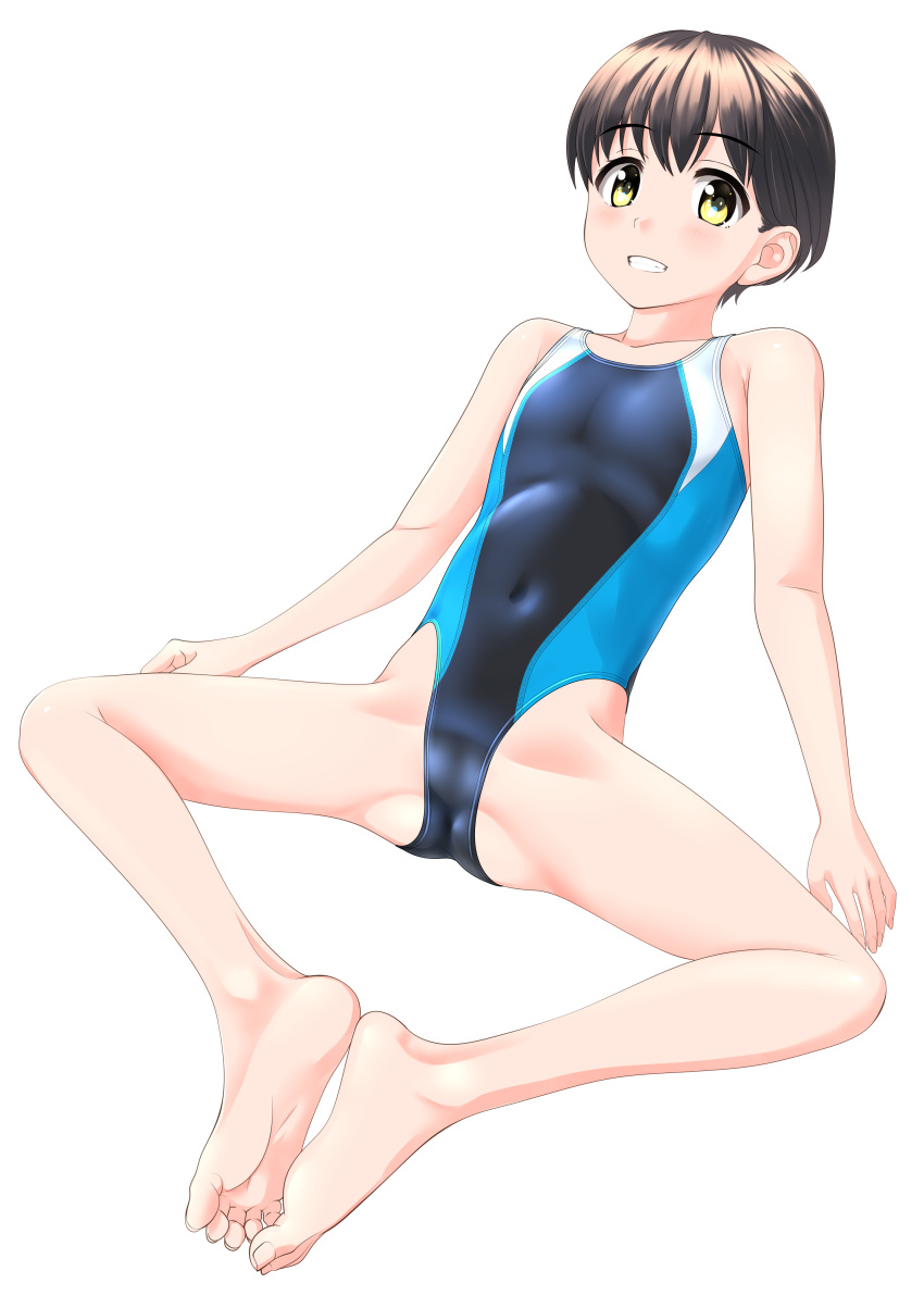 1girl absurdres black_hair black_one-piece_swimsuit breasts cameltoe commentary_request competition_swimsuit covered_navel highres lying multicolored_clothes multicolored_swimsuit one-piece_swimsuit original parted_lips short_hair simple_background small_breasts smile solo spread_legs stretching swimsuit takafumi tiles white_background yellow_eyes