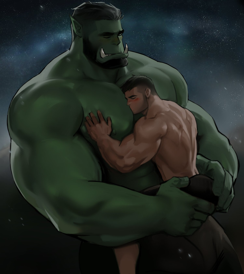 abs back_muscles beard big_muscles big_pecs black_hair blush bottomwear butt carrying carrying_partner clothing dopq duo embrace eyes_closed facial_hair green_body hair hi_res holding_butt holding_partner hug human human_on_humanoid humanoid humanoid_pointy_ears interspecies intimate larger_humanoid larger_male male male/male mammal muscular muscular_humanoid muscular_male nipples orc pants pec_grasp pec_smothering pecs romantic romantic_couple shirt shirtless size_difference smaller_human smaller_male topwear tusks