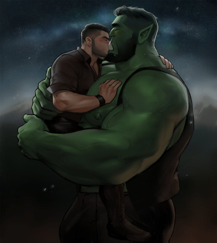 beard big_muscles big_pecs black_hair blush bottomwear carrying carrying_partner clothed clothing dopq duo embrace eyes_closed facial_hair green_body hair hi_res holding_partner hug human human_on_humanoid humanoid humanoid_pointy_ears interspecies intimate kissing larger_humanoid larger_male male male/male mammal muscular muscular_humanoid muscular_male nipples open_clothing open_topwear open_vest orc pants pec_grasp pecs romantic romantic_couple shirt size_difference smaller_human smaller_male topwear tusks vest