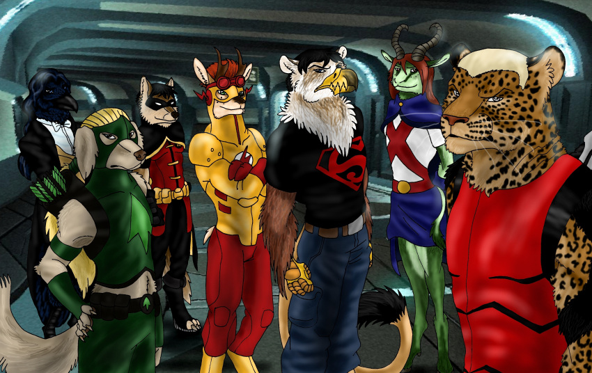 absurd_res alien antelope anthro aqualad artemis_(dc) avian beak bird black_hair blonde_hair bovid brown_body brown_feathers brown_fur canid canine canis clothed clothing corvid corvus_(genus) dc_comics dragonlordrynn feathers felid female fur green_body green_fur group hair hi_res kid_flash leopard leopard_seal male mammal marine miss_martian multicolored_body oscine pantherine passerine pinniped pronghorn raven red_hair robin_(dc) seal spots spotted_body spotted_fur springbok superboy superhero true_antelope two_tone_body weapon weimaraner white_body white_feathers wolf young_justice zatanna