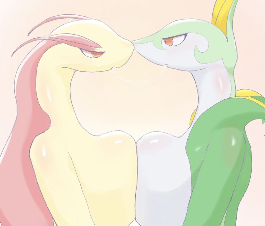 after_kiss anthro anthro_on_anthro breast_squish breasts breasts_frottage duo female female/female generation_3_pokemon generation_5_pokemon green_body hi_res long_neck milotic nintendo nude open_mouth pokemon pokemon_(species) red_eyes sekie serperior simple_background squish tan_background video_games white_breasts yellow_body yellow_breasts