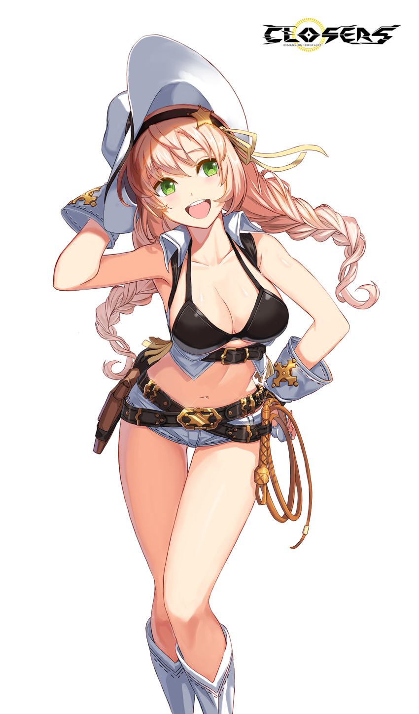 1girl :d arm_up armpits bare_arms bare_shoulders belt bikini black_bikini blonde_hair boots braid breasts cleavage closers collarbone collared_shirt cowboy_hat crop_top framed_breasts gloves green_eyes hairband halterneck hand_on_hip hat highres knee_boots large_breasts lasso long_hair long_legs looking_away loose_belt micro_shorts midriff multiple_belts navel official_art open_mouth revealing_clothes shirt short_shorts shorts sleeveless sleeveless_shirt smile solo soma_(closers) stomach string_bikini swimsuit thigh_gap thighs twin_braids white_footwear white_gloves white_headwear white_shirt white_shorts
