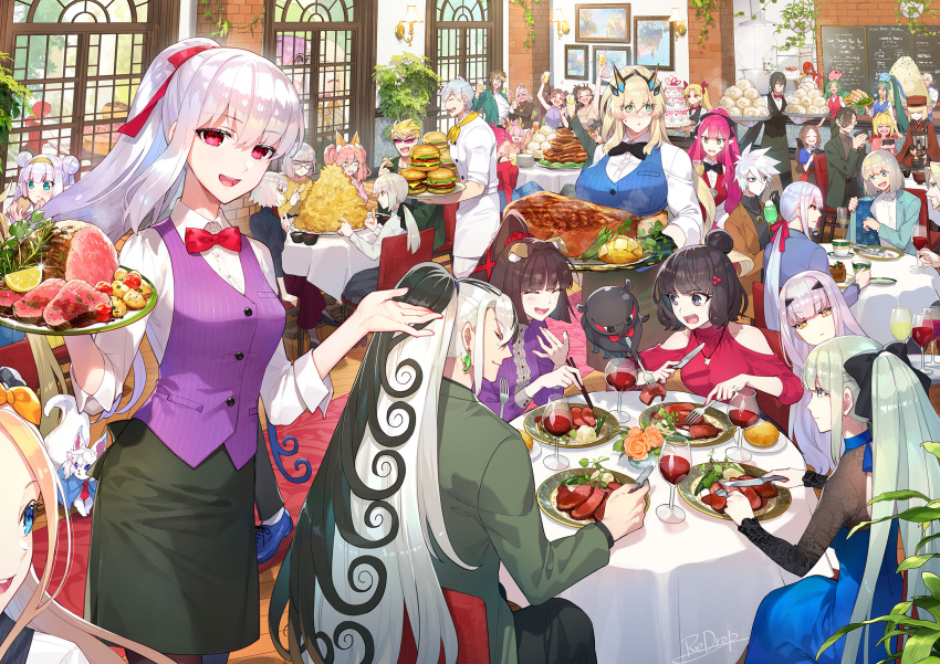 6+boys 6+girls bangs blush breasts fate/grand_order fate_(series) food hair_ribbon highres kama_(fate) large_breasts long_hair looking_at_viewer multiple_boys multiple_girls red_eyes redrop ribbon white_hair