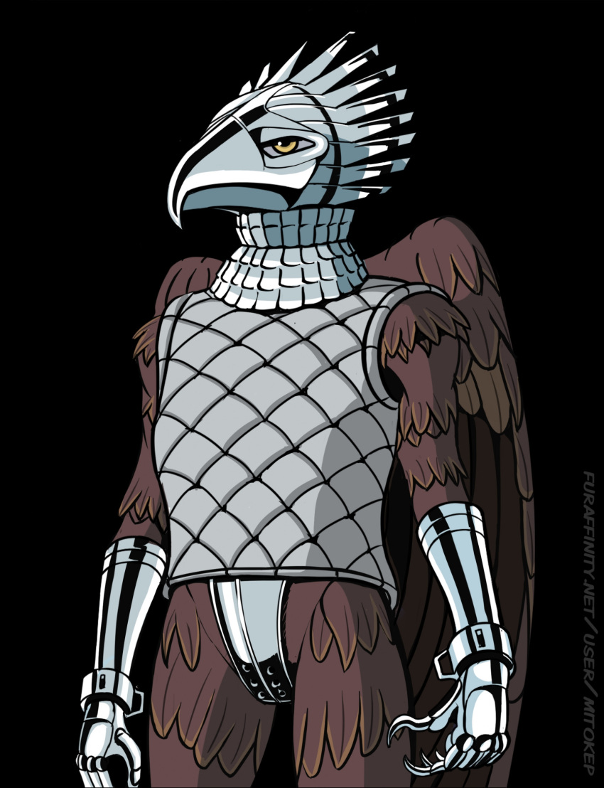 2022 accipitrid accipitriform anthro armor avian bald_eagle bdsm bird black_background bondage bound brown_body brown_feathers chastity_belt chastity_device clothing collar cuff_(restraint) digital_media_(artwork) eagle feathered_wings feathers female gauntlets gloves handwear headgear helmet hi_res looking_at_viewer looking_forward mitokep restraints sea_eagle signature simple_background slave solo standing talons text topwear url vest wings wings_folded wrist_cuffs yellow_eyes