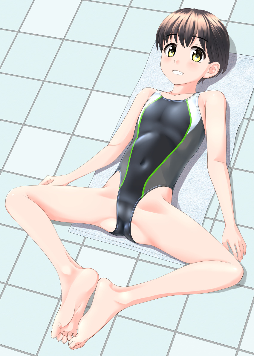 1girl absurdres black_hair black_one-piece_swimsuit breasts cameltoe commentary_request competition_swimsuit covered_navel highres lying multicolored_clothes multicolored_swimsuit one-piece_swimsuit original parted_lips short_hair small_breasts smile solo split spread_legs stretching swimsuit takafumi tile_floor tiles yellow_eyes