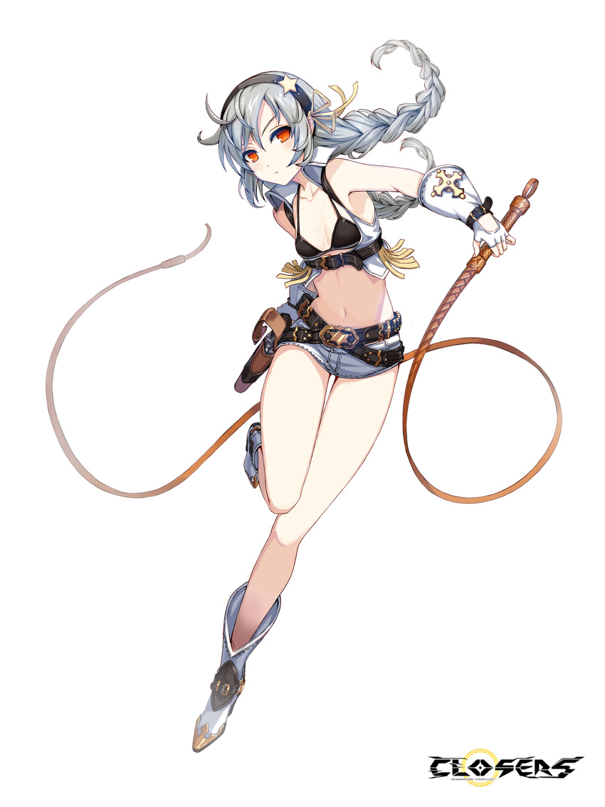 1girl armpits bare_legs bare_shoulders belt belt_pouch bikini black_bikini boots braid breasts closed_mouth closers collarbone collared_shirt crop_top expressionless fingerless_gloves floating_hair framed_breasts full_body gloves grey_hair hairband halterneck highres holding_lasso holstered_weapon lasso long_hair looking_at_viewer micro_shorts midriff multiple_belts navel official_art pouch red_eyes revealing_clothes shirt shorts sleeveless sleeveless_shirt small_breasts solo stomach string_bikini swimsuit thighs tina_(closers) twin_braids twintails white_footwear white_gloves white_shirt white_shorts