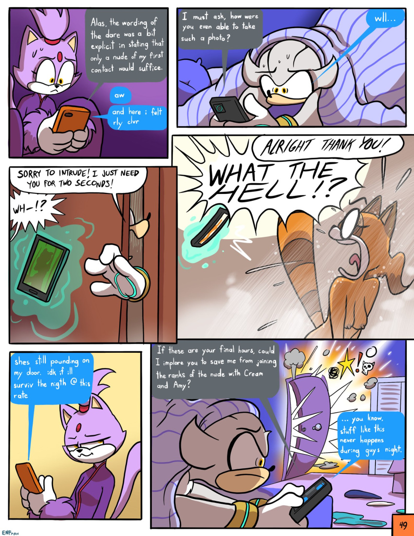 angry anthro badger bed blaze_the_cat breasts cellphone comic dialogue english_text eulipotyphlan female forehead_gem fur furniture grey_body grey_fur group hedgehog hi_res male mammal mustelid musteline nipples phone purple_body purple_fur sega silver_the_hedgehog small_breasts sonic_boom sonic_the_hedgehog_(series) sticks_the_jungle_badger text theenfman yellow_eyes