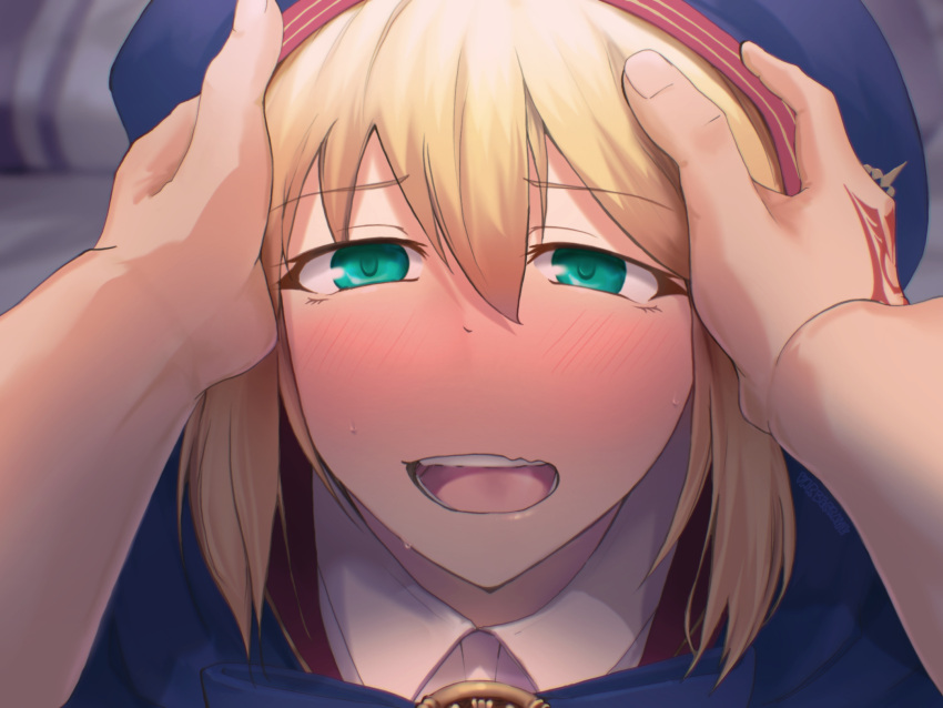 1girl artoria_caster_(fate) artoria_pendragon_(fate) blue_cape blurry blush cape collared_shirt command_spell commentary_request depth_of_field fate/grand_order fate_(series) green_eyes hair_between_eyes hands_on_another's_head hat highres looking_at_viewer open_mouth shirt sidelocks solo sweat teeth tongue varbecrank wavy_mouth white_shirt