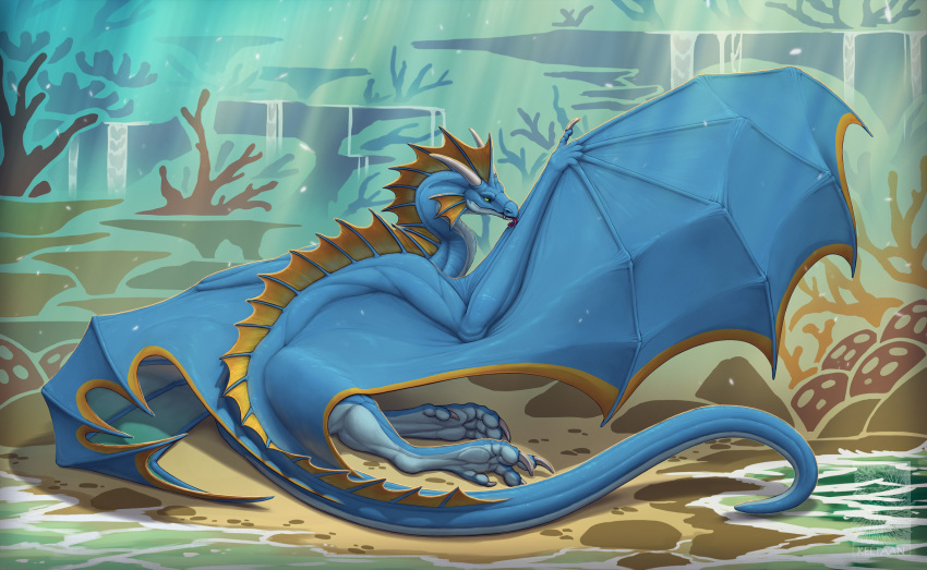 2022 ambiguous_gender beach claws day detailed_background digital_media_(artwork) dragon feral hi_res horn keltaan membrane_(anatomy) membranous_wings outside sand seaside shoreline sky solo spines water wings wyvern